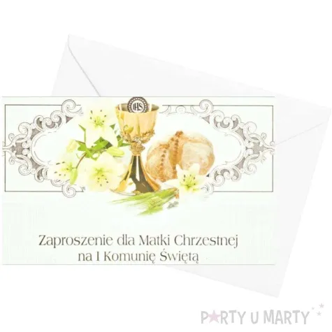 zaproszenie z koperta komunia swieta ihs hostia i kwiaty dla matki chrzestnej maki