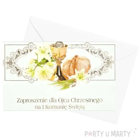 zaproszenie z koperta pierwsza komunia swieta ihs hostia i kwiaty dla ojca chrzestnego maki