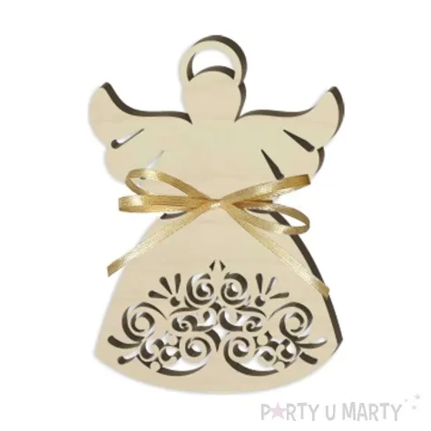 zawieszka drewniana aniolek azurowy z kokardka 8 cm