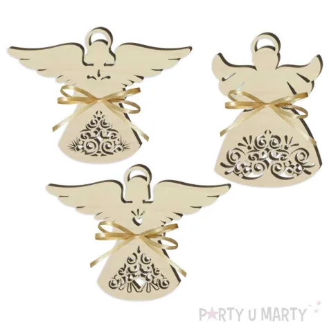 zawieszka drewniana aniolki azurowe z kokardka 8 cm 3 szt