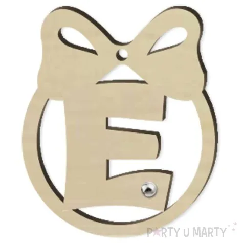 zawieszka drewniana bombka z literka e i perelka 65 x 75 mm