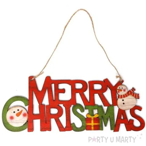 zawieszka drewniana merry christmas czerwona guirca 22 cm