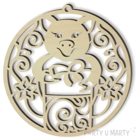 zawieszka drewniana swinka z prezentem 80 x 83 mm