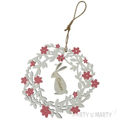 zawieszka drewniana wieniec zajac ostern szaro rozowy arpex 11 cm