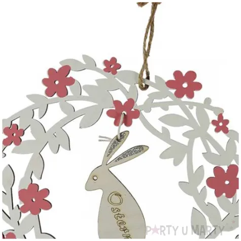 zawieszka drewniana wieniec zajac ostern szaro rozowy arpex 11 cm