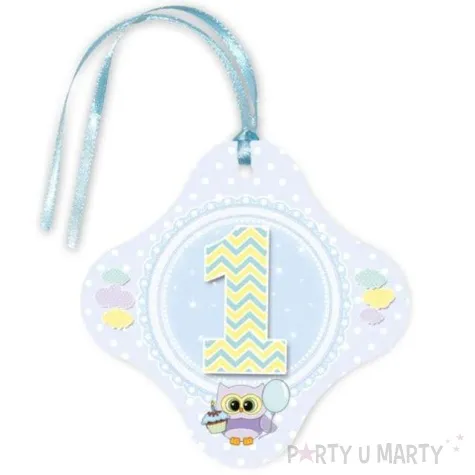 zawieszka na butelke 1 urodzinki sowka blekitna 20 szt