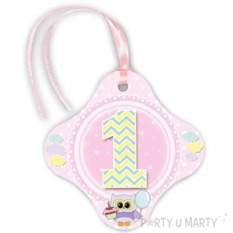 zawieszka na butelke 1 urodzinki sowka rozowa 20 szt