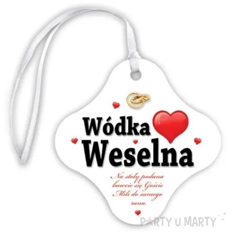 zawieszka na butelke wodka weselna serce 20 szt