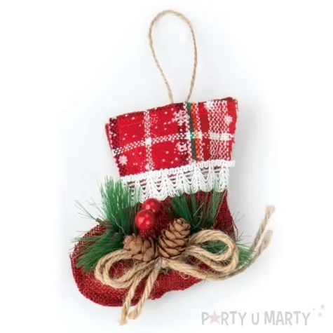 zawieszka na choinke jutowa skarpeta czerwona partypal 13 cm