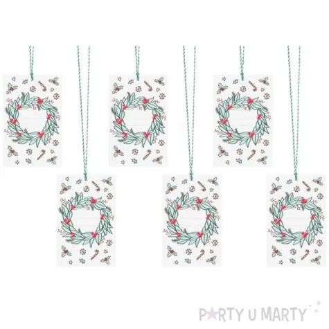 zawieszki do prezentow merry xmas wieniec partydeco 6 szt