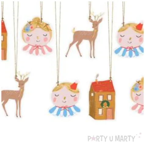 zawieszki do prezentow renifer dom dziewczynka kolorowe partydeco 12 szt