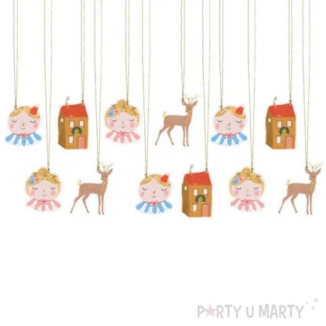 zawieszki do prezentow renifer dom dziewczynka kolorowe partydeco 12 szt