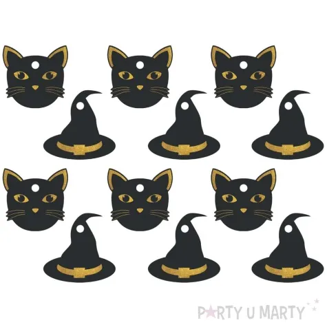 zawieszki na butelke czarownica i kot halloween czarno zloty congee 12 szt