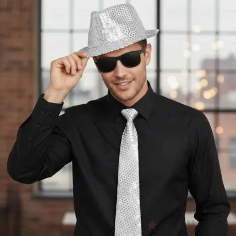zestaw akcesoriow na sylwestra nowy rok karnawal silver glam kapelusz krawat okulary srebrny