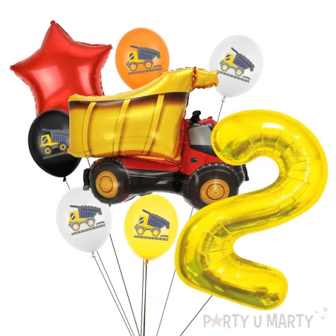 zestaw balonow urodzinowych cyfra 2 wywrotka na budowe i gwiazda czerwona 8 sztuk