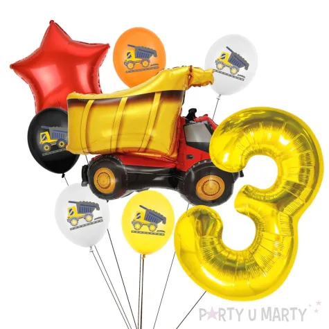 zestaw balonow urodzinowych cyfra 3 wywrotka na budowe i gwiazda czerwona 8 sztuk