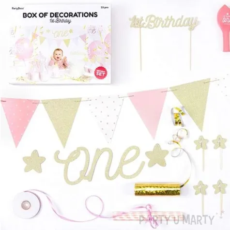 zestaw dekoracji 1st birthday party zloty partydeco