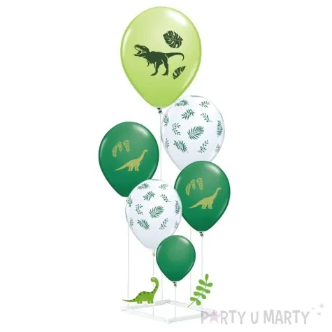 zestaw dekoracji balony stojak dinozaury zielono bialy 6 szt