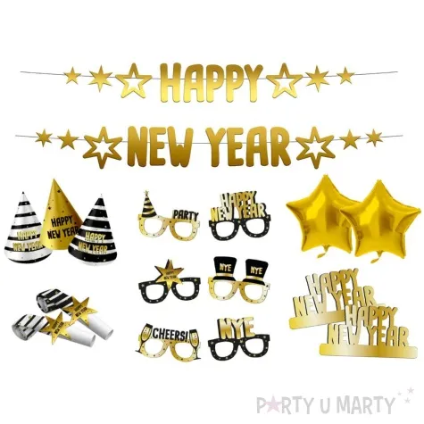 zestaw dekoracji happy new year black and gold folat 1 kpl