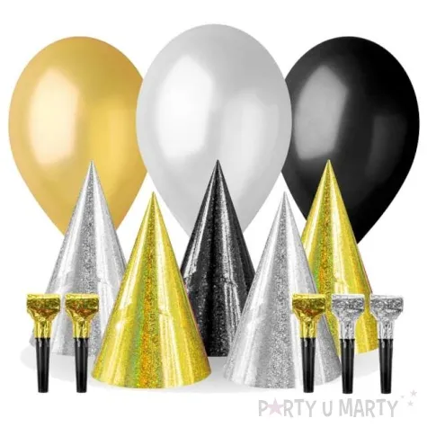 zestaw dekoracji imprezowe czapeczki balony i gwizdki mix godan 13 elementow