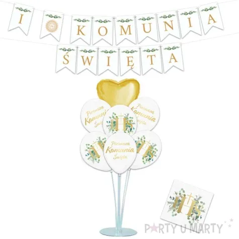 zestaw dekoracji komunia swieta balony baner stojak serwetki bialo zloty 10 elementow