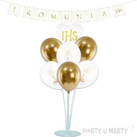 zestaw dekoracji komunia swieta balony shiny baner stojak bialo zloty 9 elementow