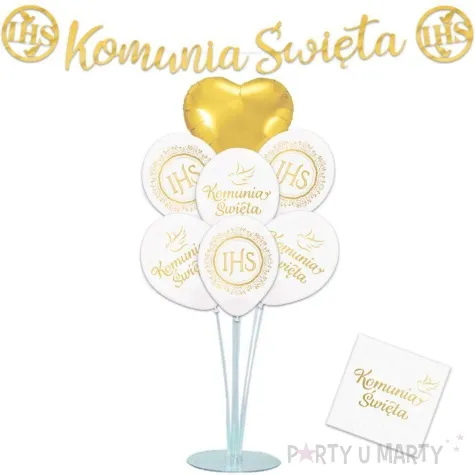 zestaw dekoracji komunia swieta ihs balony stojak baner serwetki zloty 10 szt