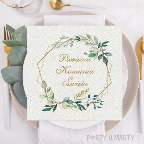 zestaw dekoracji na stol komunia swieta bieznik serwetki i zielone kieszonki 3 elementy