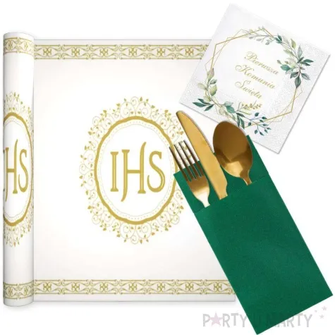 zestaw dekoracji na stol komunia swieta bieznik serwetki i zielone kieszonki 3 elementy