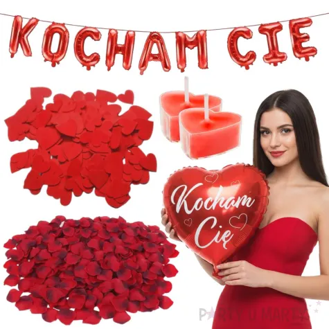 zestaw dekoracji na walentynki balony girlanda platki roz konfetti swieczki serca kocham cie