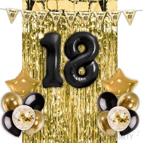 zestaw dekoracji urodziny 18 balony baner i kurtyna czarno zloty 16 elementow