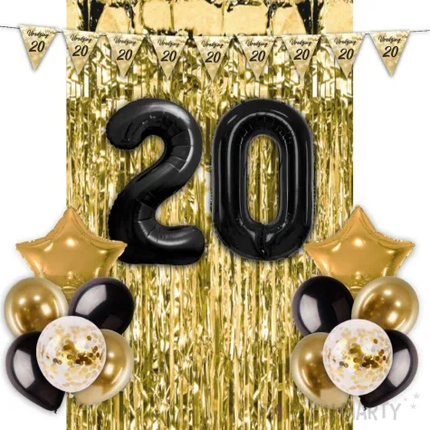 zestaw dekoracji urodziny 20 balony baner i kurtyna czarno zloty 16 elementow