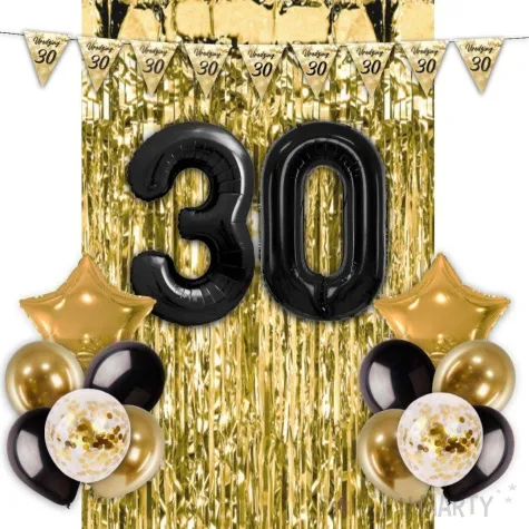 zestaw dekoracji urodziny 30 balony baner i kurtyna czarno zloty 16 elementow