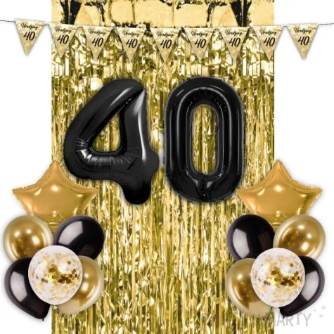 zestaw dekoracji urodziny 40 balony baner i kurtyna czarno zloty 16 elementow