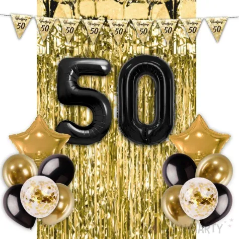zestaw dekoracji urodziny 50 balony baner i kurtyna czarno zloty 16 elementow