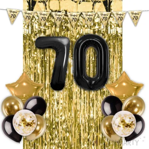 zestaw dekoracji urodziny 70 balony baner i kurtyna czarno zloty 16 elementow