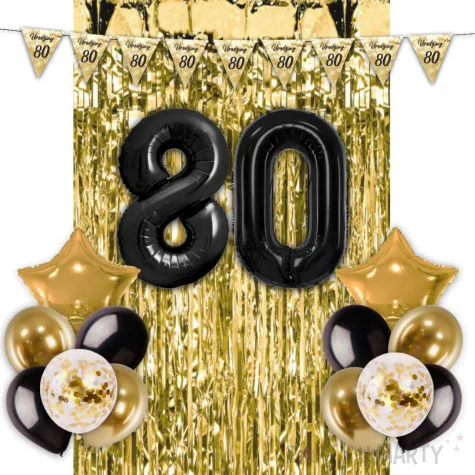 zestaw dekoracji urodziny 80 balony baner i kurtyna czarno zloty 16 elementow