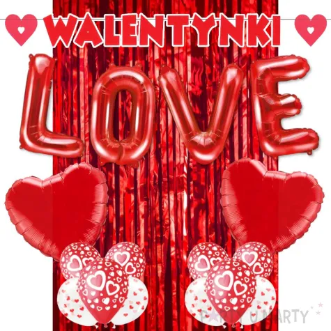 zestaw dekoracji walentynki balony baner i kurtyna czerwony 15 elementow