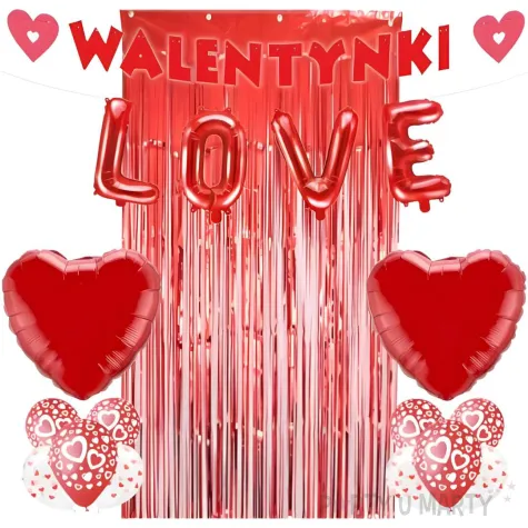 zestaw dekoracji walentynki balony baner i kurtyna czerwony 15 elementow