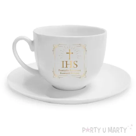 zestaw filizanka ze spodkiem pamiatka komunii swietej ihs bgtech 220 ml