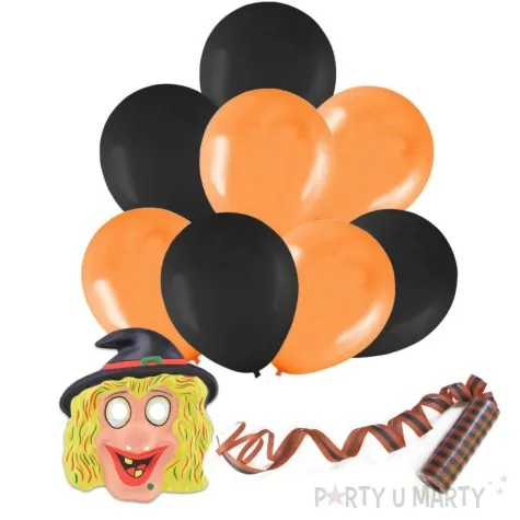zestaw imprezowe halloween maska wiedzmy balony serpentyny arpex 10 szt