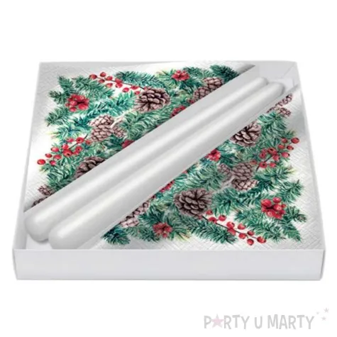 zestaw serwetki i swieczki choinka bialy paw