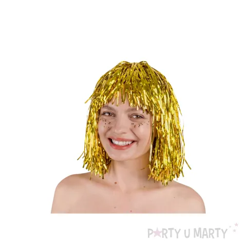 zlota peruka na karnawal i sylwestra dodatek do stroju na nowy rok bob blyszczaca cosplay