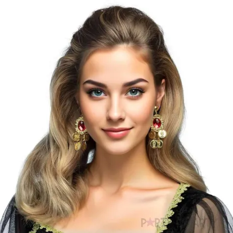 zlote kolczyki z rubinami dodatek do stroju arabskiej ksiezniczki cyganki na karnawal