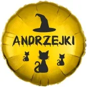 balon foliowy blyszczace andrzejki kot i kapelusz zloto czarny 18 rnd