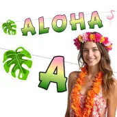 baner aloha z monstera i flamingiem rozowo zielona 1 5 m