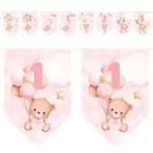 baner flagi misie z balonikami na roczek rozowy jasny congee 500 cm