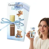 bileciki merci personalizowane podziekowania dla gosci na chrzest swiety chlopca niebieski mis