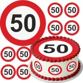 dekoracja na 50 urodziny oplatek na tort traffic birthday zestaw 1 8 szt 20 cm