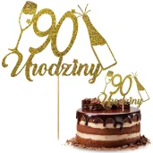 dekoracja na 90 urodziny topper papierowy szampanskie urodziny zloty brokat 15 x 19 cm